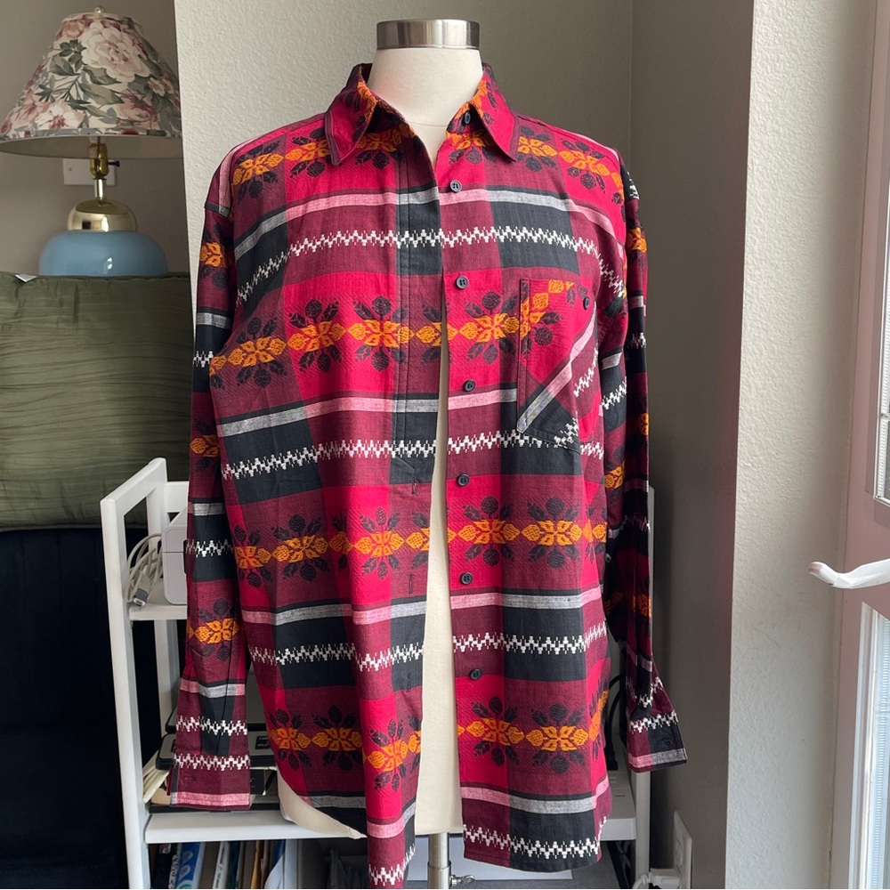 Size L Vintage 70s Backroad Blues Floral Cotton Blouse Button Front Embroidered